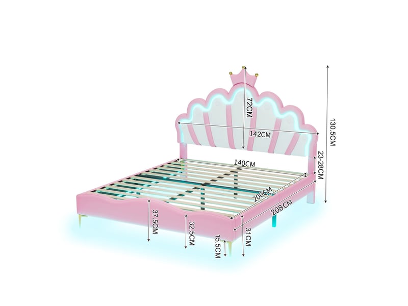  Lit simple 140x200 cm, lit capitonné enfant avec rgb led et tête de lit couronne réglable, lit capitonné avec sommier, rose  - Conforama E