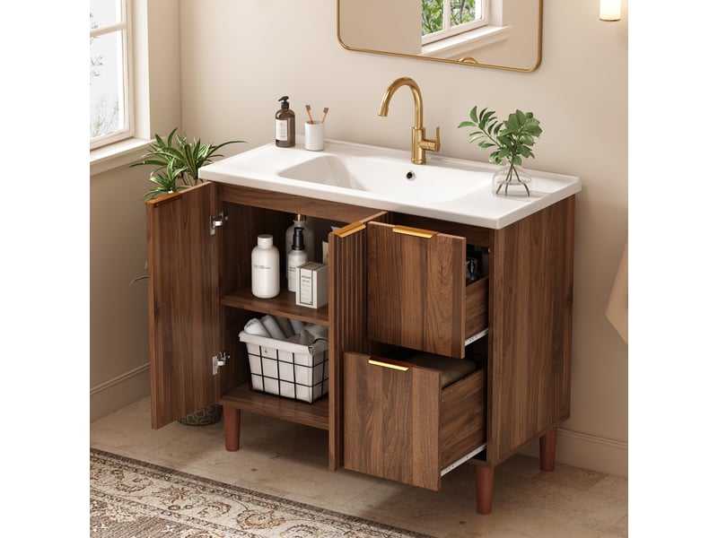  Meuble de salle de bain 91 cm avec vasque céramique, façades ondulées, noyer, sans robinet  - Conforama B