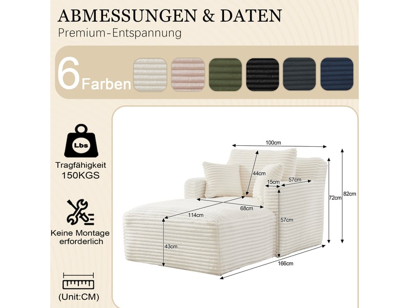  Méridienne convertible en velours côtelé avec mousse haute densité et ressorts ensachés, crème  - Conforama E