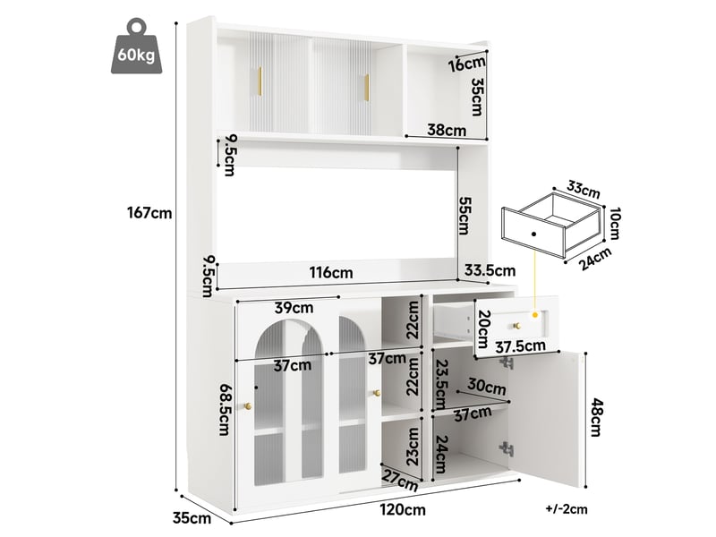 Buffet de cuisine avec 4 portes vitrées coulissantes, 1 tiroirs, étagères réglables et éclairage led - 120×35×167 cm - blanc - Conforama C
