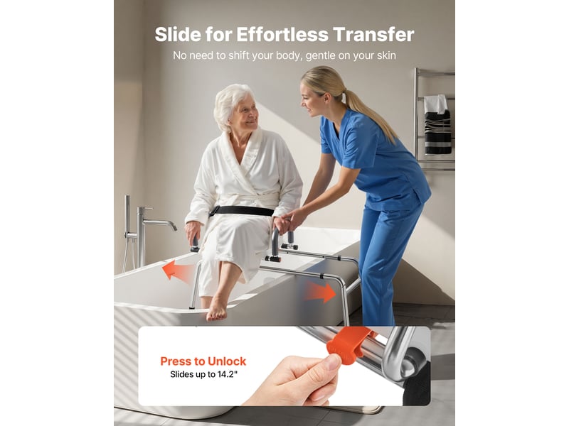 Vevor chaise de baignoire coulissante, siege de transfert pour baignoire pivotant, capacite 180 kg, accoudoirs et dossier, pour adultes, personnes âgees et handicapes, hauteur et largeur reglables - Conforama B