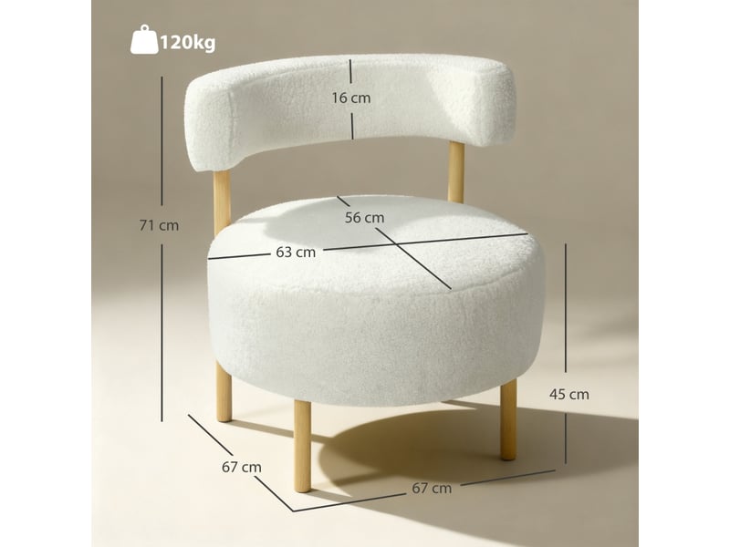 Fauteuil lounge,67x67x71 cm,pieds métal effet bois,tissu sherpa,blanc crème - Conforama C