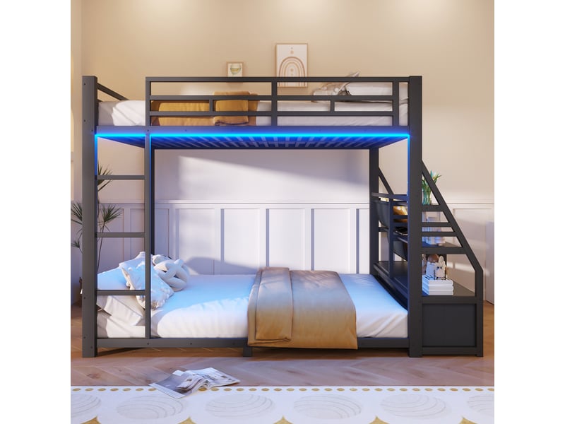  Lit superposé 140 × 200 cm 4 places avec led, 2 tiroirs en tissu et étagères, sans matelas, noir  - Conforama B