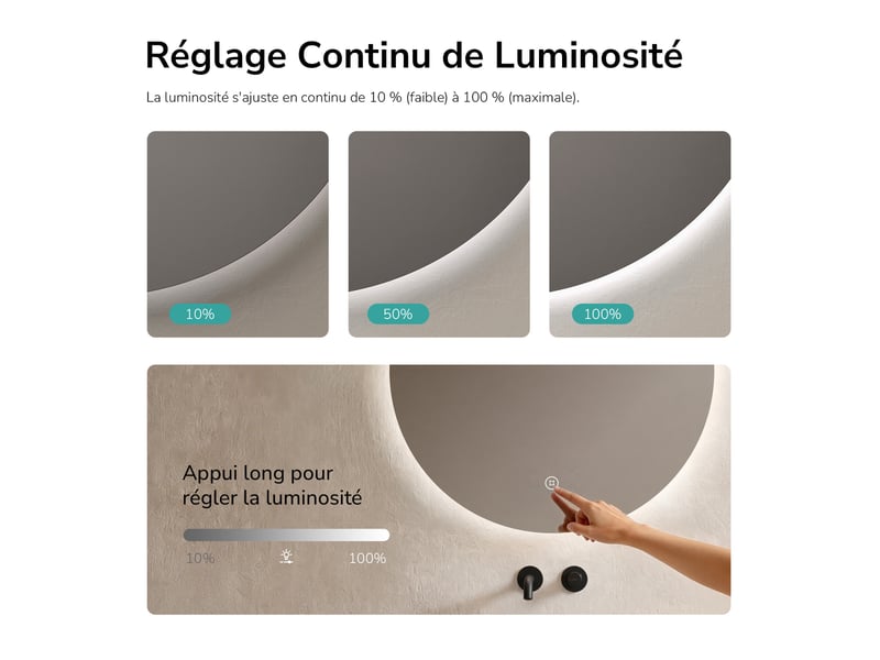  Emke miroir salle de bain led, diamètre 50cm, rétro-éclairage sans cadre, interrupteur tactile, intensité réglable, éclatant blanc froid  - Conforama C