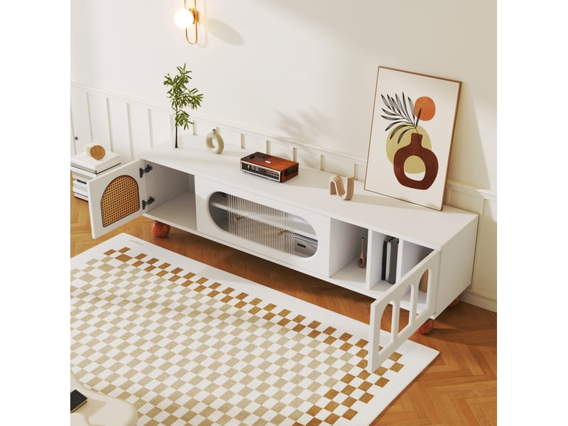  Meuble tv modenvie 170 x 37 x 47 cm portes effet rotin et verre blanc et bois  - Conforama D
