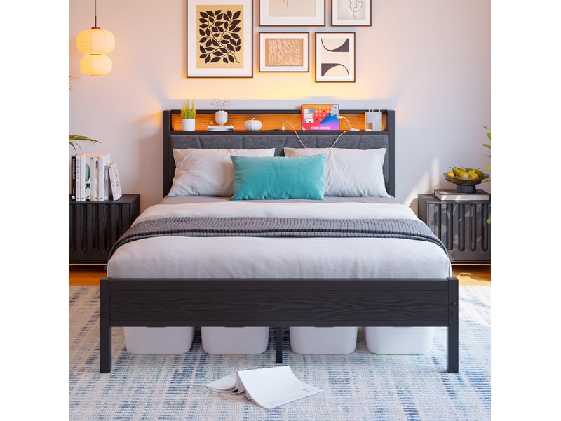  Lit enfant 140x200 cm, prise, usb, avec éclairage led, tête de lit avec rangement, structure métal mdf noir sans matelas  - Conforama B