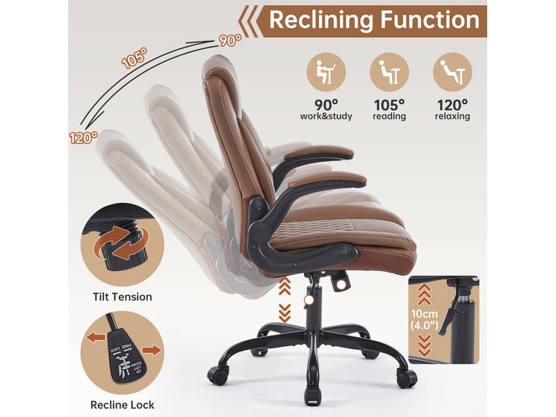  Chaise de bureau ergonomique avec soutien lombaire, accoudoirs relevables et hauteur réglable en similicuir marron  - Conforama D