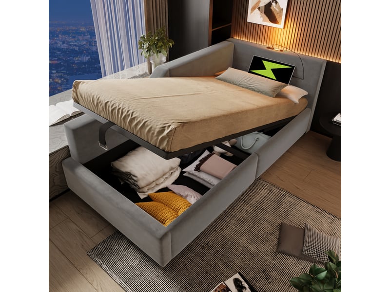 Lit banquette 90 x 190 cm en velours gris avec rangement hydraulique, liseuse et usb-c - Conforama D