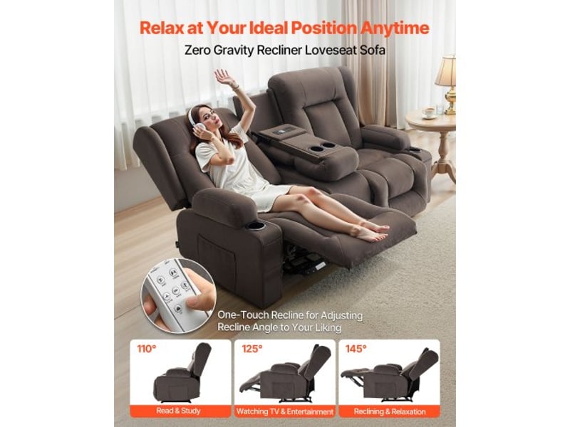  Canapé inclinable électrique 2 places, causeuse inclinable avec chauffage, massage et console centrale, en daim, avec ports usb, porte-gobelets et poches latérales, pour salon appartement  - Conforama C