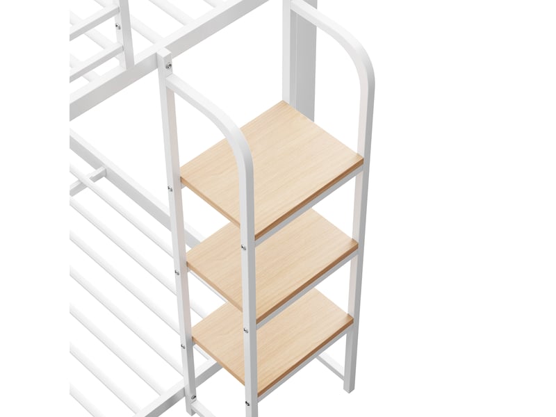 Lit superposé enfant 2 couchages 140x200 cm, escalier à marches bois antidérapantes, barrière haute, anti-bruit, métal blanc Radiant Stride - Conforama E