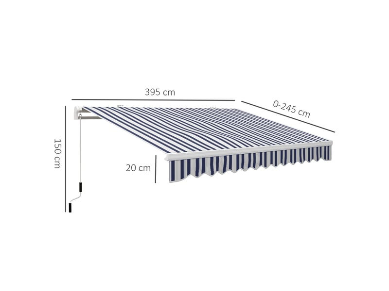  Store banne rétractable manuel 395 x 245 cm, bras articulé à angle réglable, protection uv et étanchéité, fixation murale, bleu et blanc  - Conforama E