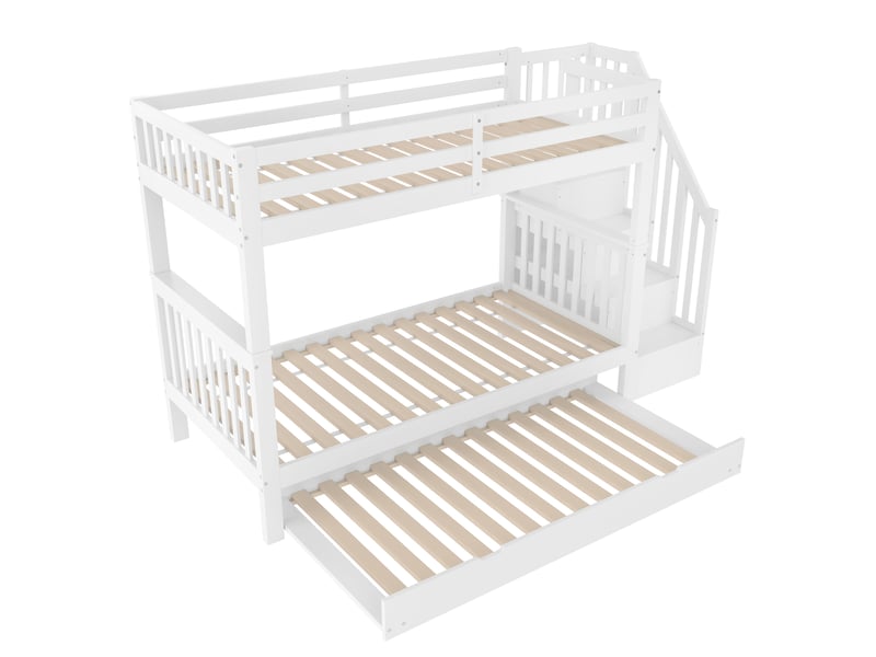  Lit superposé 90 x 200 cm avec lit gigogne, escalier à rangements et garde-corps hauts, certifié en 747-1, blanc  - Conforama D