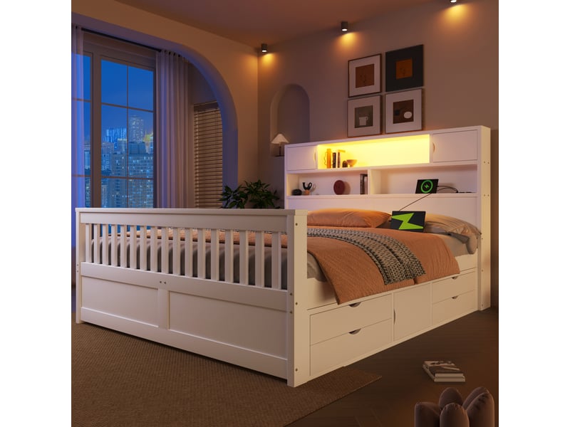  Lit blanc 160x200 cm en bois et mdf avec tête de lit bibliothèque, led, usb, rangements intégrés et quatre tiroirs  - Conforama B