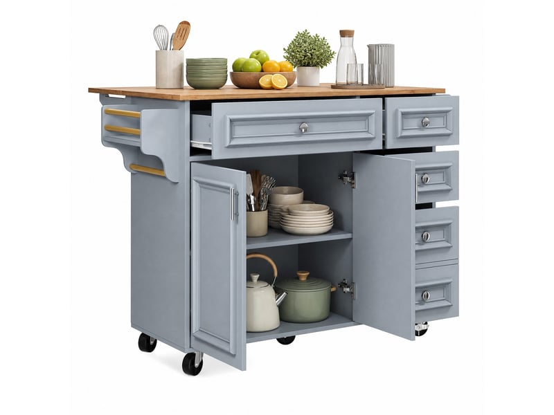Desserte de cuisine 110 x 45-75 x 92 cm bleu bébé, mdf et métal, plateau rabattable sur roulettes - Conforama A