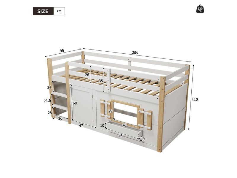  Lit mezzanine enfant 90 x 200 cm blanc en bois massif et mdf  - Conforama E