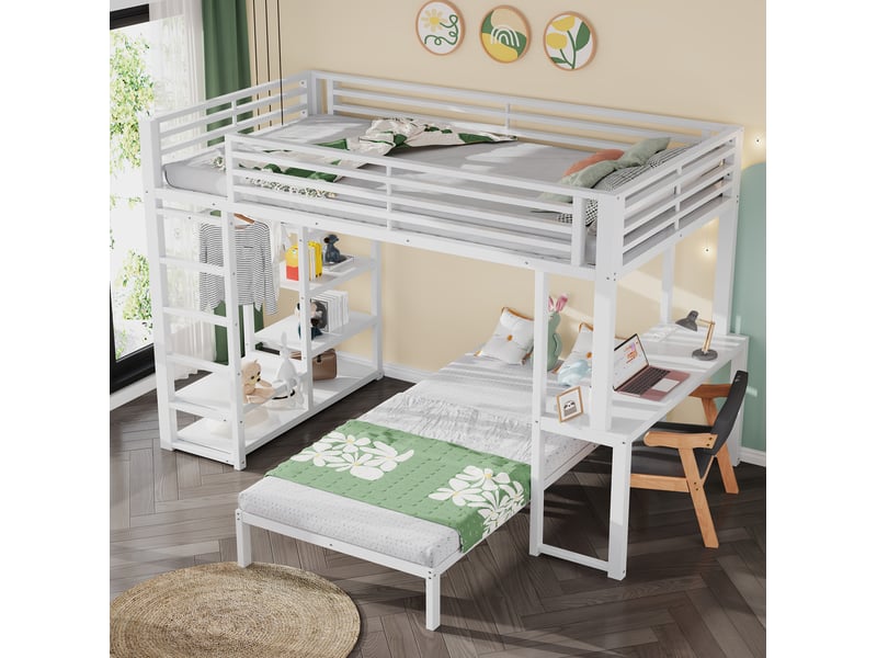 Lit mezzanine 90 × 200 cm 2 places avec bureau, prise usb et type-c, 4 étagères, sans matelas, blanc - Conforama B