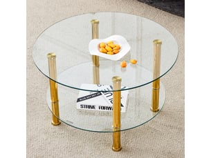 Table basse ronde 70x70x42 cm à 2 niveaux en verre trempé, style moderne, pour salon, métal doré, élégante, transparent