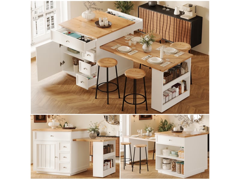  Îlot de cuisine extensible sur roulettes 120-184cm, desserte chariot avec tiroirs et plateau aspect bois, meuble de rangement, blanc  - Conforama C
