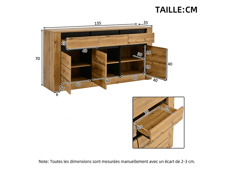  Buffet bois naturel commode 3 tiroirs meuble de rangement 140 cm - 3 portes  - Conforama C