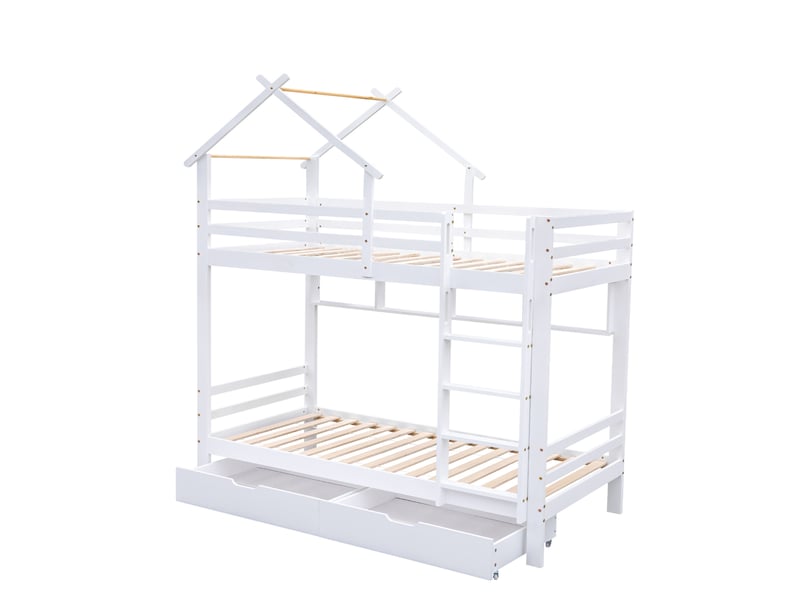  Lit superposé enfant 90x200 cm – blanc – maison avec tiroirs, étagères et échelle à 3 marches – sans matelas  - Conforama D