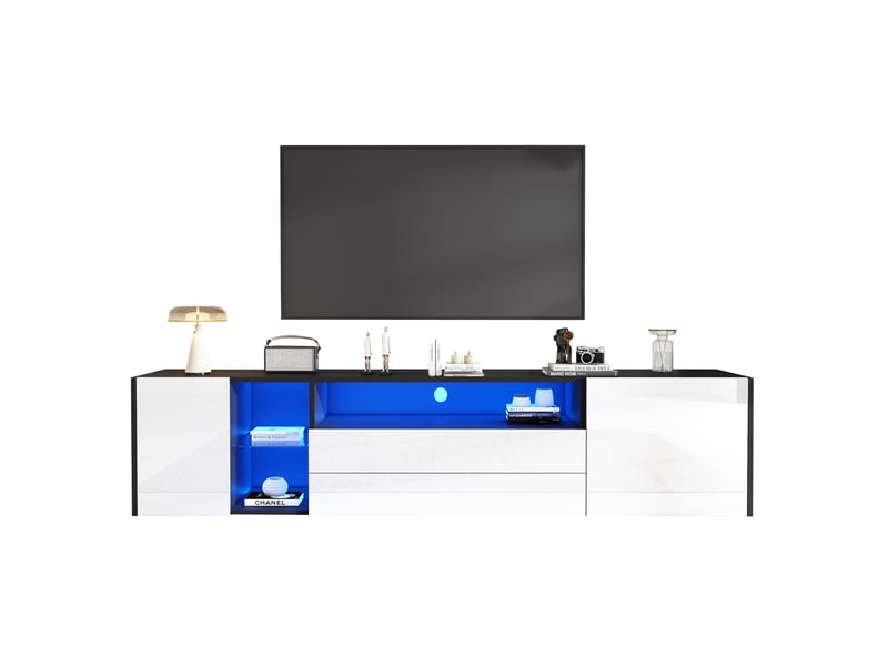  Meuble tv 180 x 40 x 45 cm avec led, 2 tiroirs, 2 placards, blanc et noir  - Conforama A