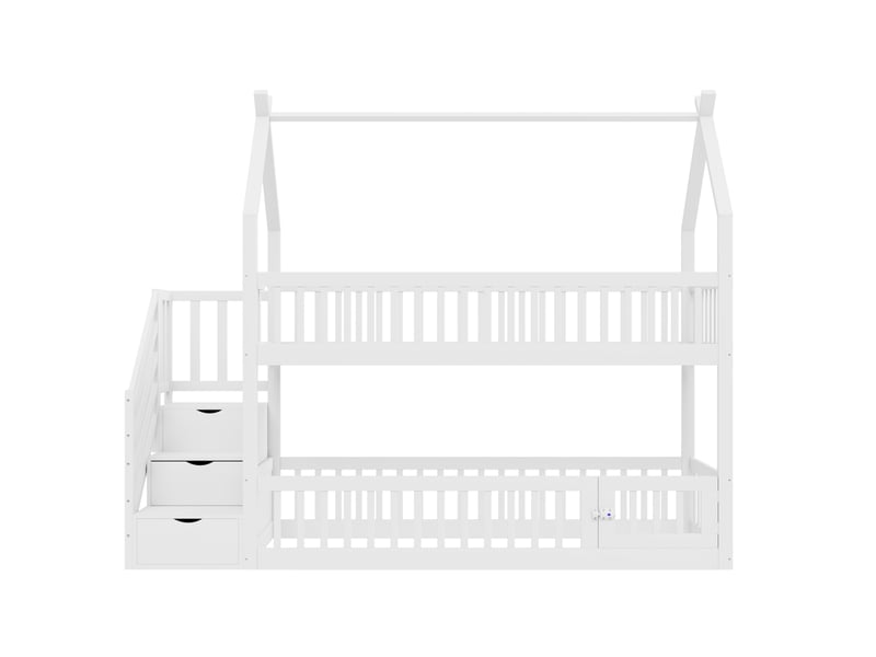  Lit superposé enfant 90 × 200 cm 2 places avec escalier sécurisé, tiroirs et toit cabane, sans matelas, blanc  - Conforama E