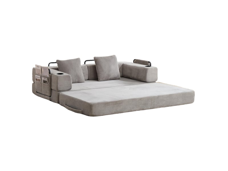  Canapé convertible 2 places pliable avec accoudoirs réglables, porte-gobelets et poches en velours côtelé gris clair  - Conforama A
