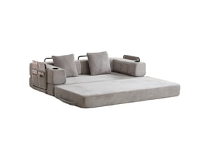 Canapé convertible 2 places pliable avec accoudoirs réglables, porte-gobelets et poches en velours côtelé gris clair