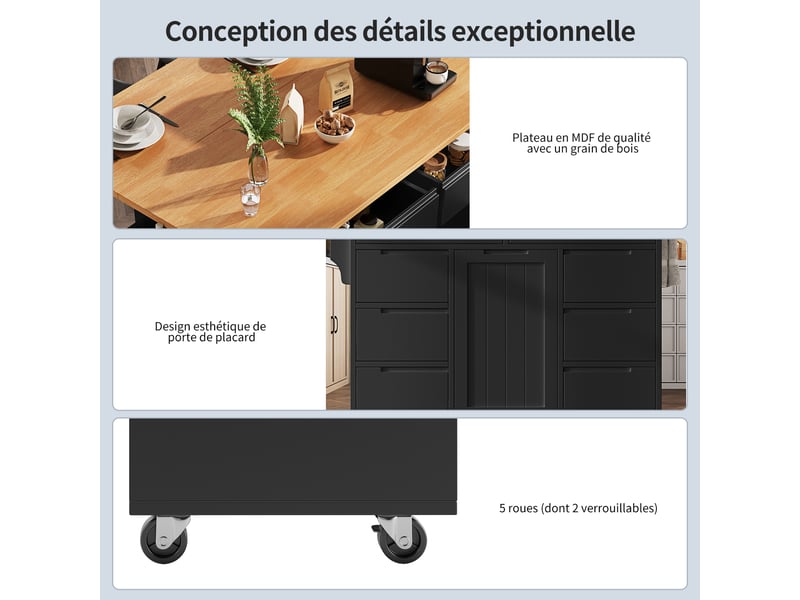  Îlot de cuisine 122x46x91,5 cm avec tablette rabattable transformable en table, 8 tiroirs et roulettes, mdf, noir  - Conforama R