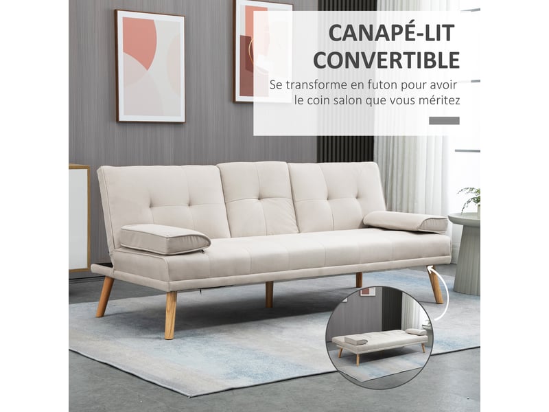 Canapé convertible 3 places, 2 coussins et 2, canapé-lit rembourré avec dossier réglable 3 niveaux  - Conforama A