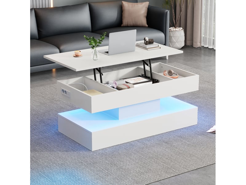  Table basse à plateau relevable 100 x 50 cm avec led, rangement et prises, blanche  - Conforama B