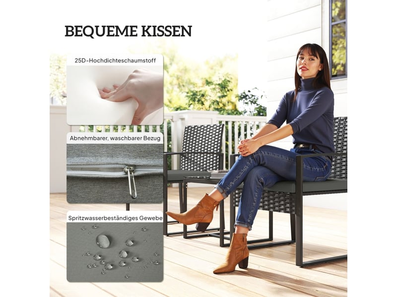  Salon de jardin,3 pièces avec coussins amovibles,rotin synthétique,gris foncé  - Conforama D