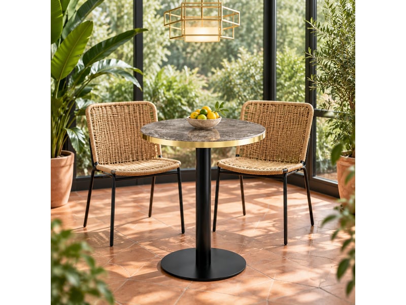 Table d’appoint ronde à pied central avec plateau effet marbre - lpospi - bord doré mdf métal gris 60 × 73,7 cm  - Conforama C