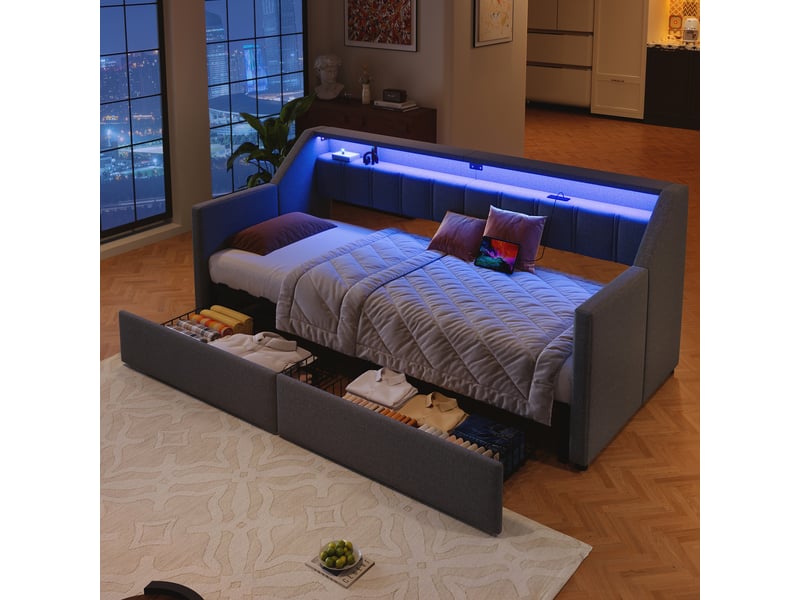  Lit en lin avec tiroirs et rangements intégrés gris 90x200 cm  - Conforama E