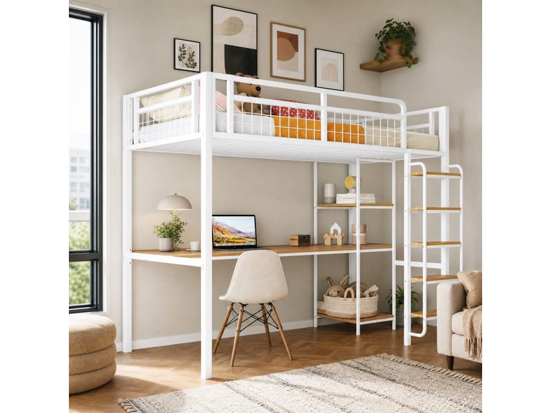  Lit mezzanine enfant 90x200 cm avec bureau et étagères coloris blanc  - Conforama B