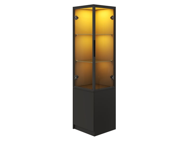  Vitrine d'angle noire à led avec portes vitrées et cadre aluminium, en panneaux de particules, 40 × 40 × 160 cm  - Conforama A