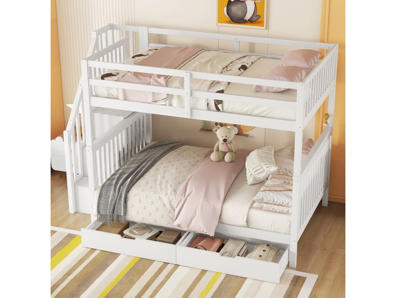 Lit superposé enfant 140 x 200 cm avec escalier, deux tiroirs et garde-corps blanc - Conforama B