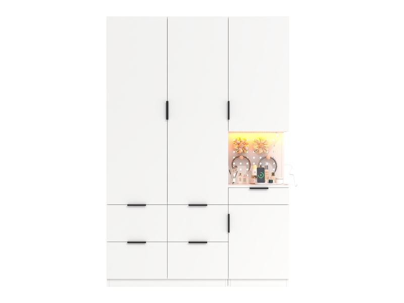  Armoire penderie 135 x 50 x 200 cm - 4 portes - 5 tiroirs - éclairage led - prise électrique intégrée - 2 barres de penderie - blanc  - Conforama A