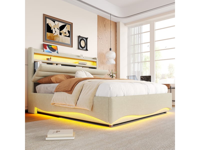  Lit capitonné, 140 x 200 cm, sans matelas, avec éclairage led, mécanisme hydraulique, ports usb et type-c, compartiment de rangement, étagères, revêtement en lin, beige  - Conforama B
