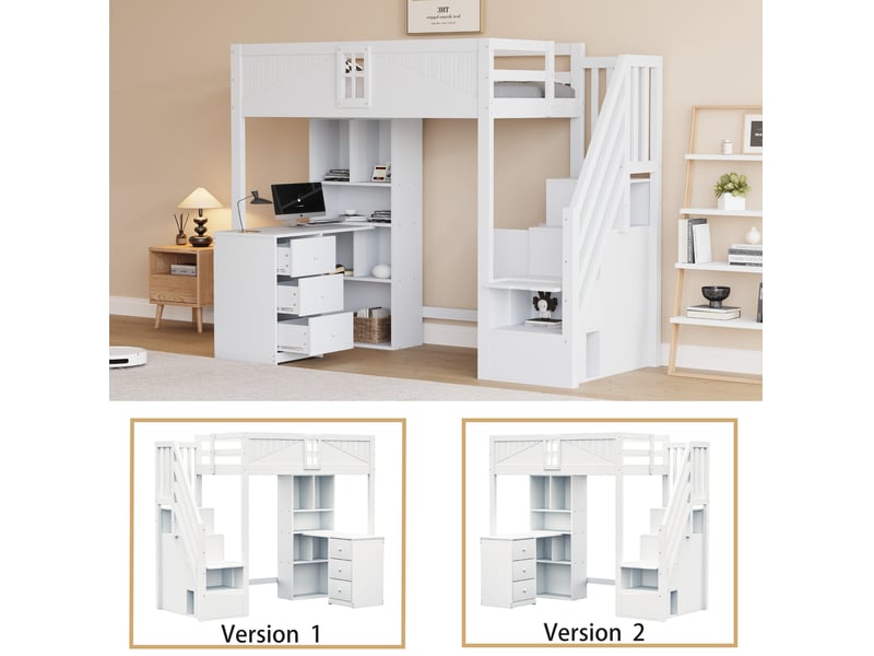 Lit mezzanine, 90x200 cm, échelles latérales interchangeables, tiroirs, bureau, matelas non inclus, bois, coloris blanc - Conforama D