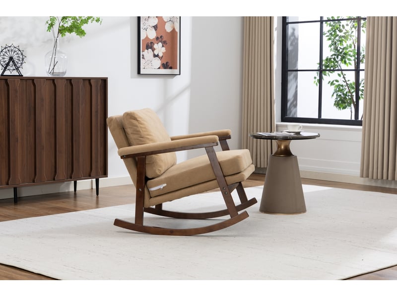  Fauteuil à bascule mid-century moderne 83x73x80cm – assise rembourrée pour salon, chambre et véranda – avec piétement en bois - velours - marron  - Conforama D