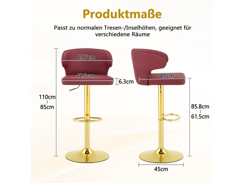  Tabouret de bar pivotant avec dossier ergonomique, hauteur réglable et repose-pieds, en pu rouge  - Conforama D