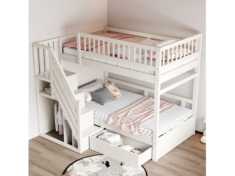 Lit superposé 2 couchages 90x200 cm avec escalier de rangement blanc - Conforama C