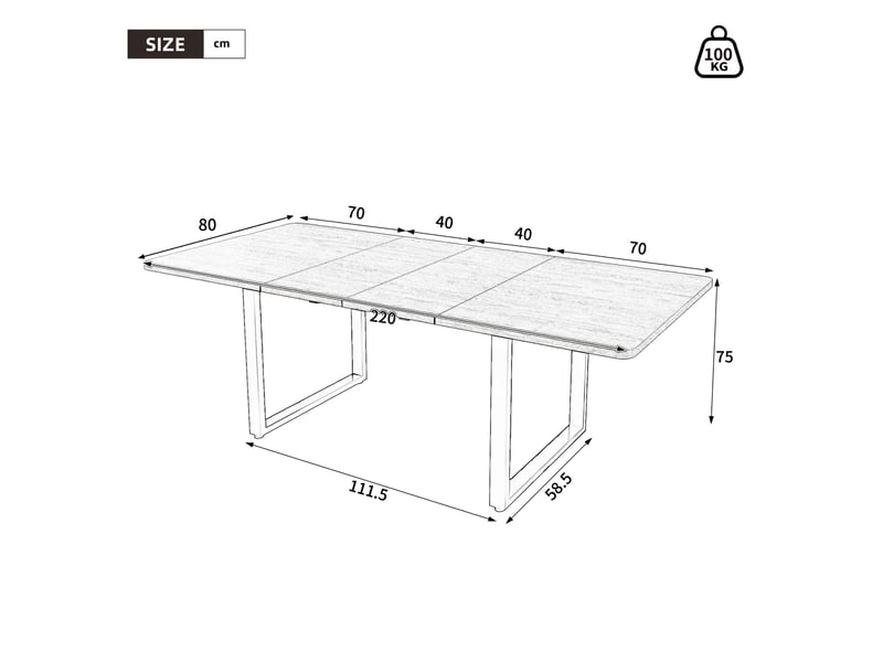  Table à manger extensible 140180220 x 80 cm, 3 longueurs pour 6 à 10 personnes, forme rectangulaire, pieds en métal, style épuré pour salle à manger ou cuisine OPULERANE TRADING LTD - Conforama C