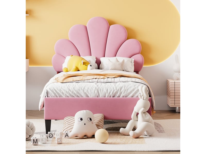  Lit enfant 90x200 capitonné velours rose - tête de lit fleur sommier à lattes inclus  - Conforama B