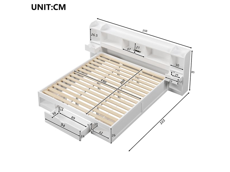  Lit adulte 180 x 200 cm, avec tête de lit dotée d'un espace de rangement, de tiroirs, d'une lampe led et d'un port usb, blanc  - Conforama C