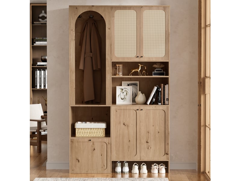  Ensemble vestiaire ulevr avec rangement et meuble à chaussures, 120 x 35 x 200 cm, 4 portes, compartiment basculant, décor rotin, naturel  - Conforama D