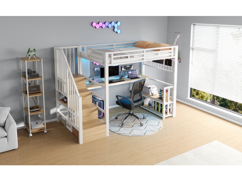  Lit superposé 90x200 cm blanc métal mdf avec étagère filet suspendu ruban led bureau escalier de rangement 2 ports usb et 1 port type-c sans matelas Sol Morn - Conforama B