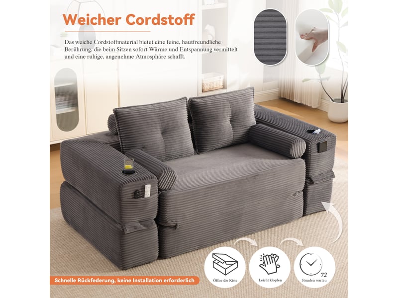 Canapé droit convertible 2 places en velours côtelé gris foncé 180x98x80 cm, poches, porte-gobelet, salon séjour 180x98x80cm - Conforama E