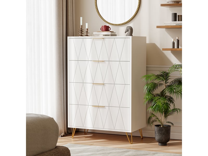  Commode avec 4 tiroirs, meuble à tiroirs avec pieds et poignées dorés, buffet blanc pour chambre à coucher, salon, couloir, 60 x 34 x 90 cm  - Conforama B